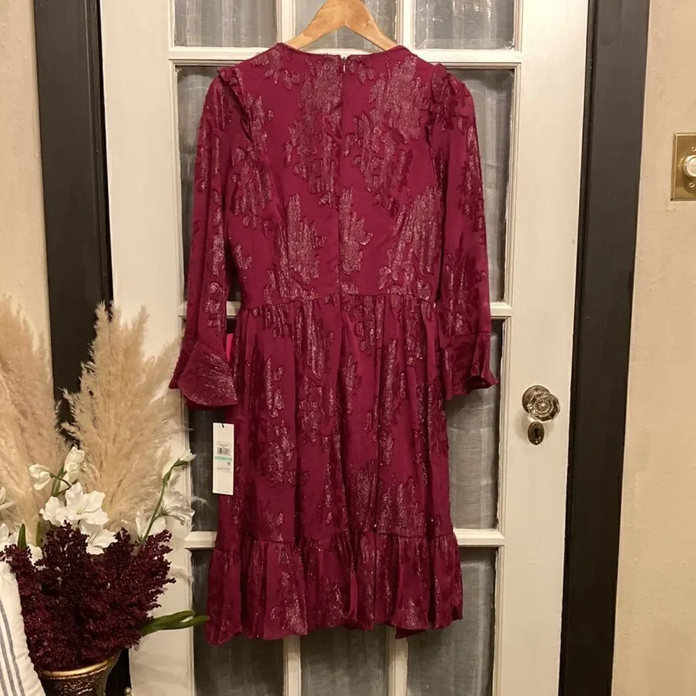 NWT Calvin Klein Burgundy and Silver Metallic Floral Dress
